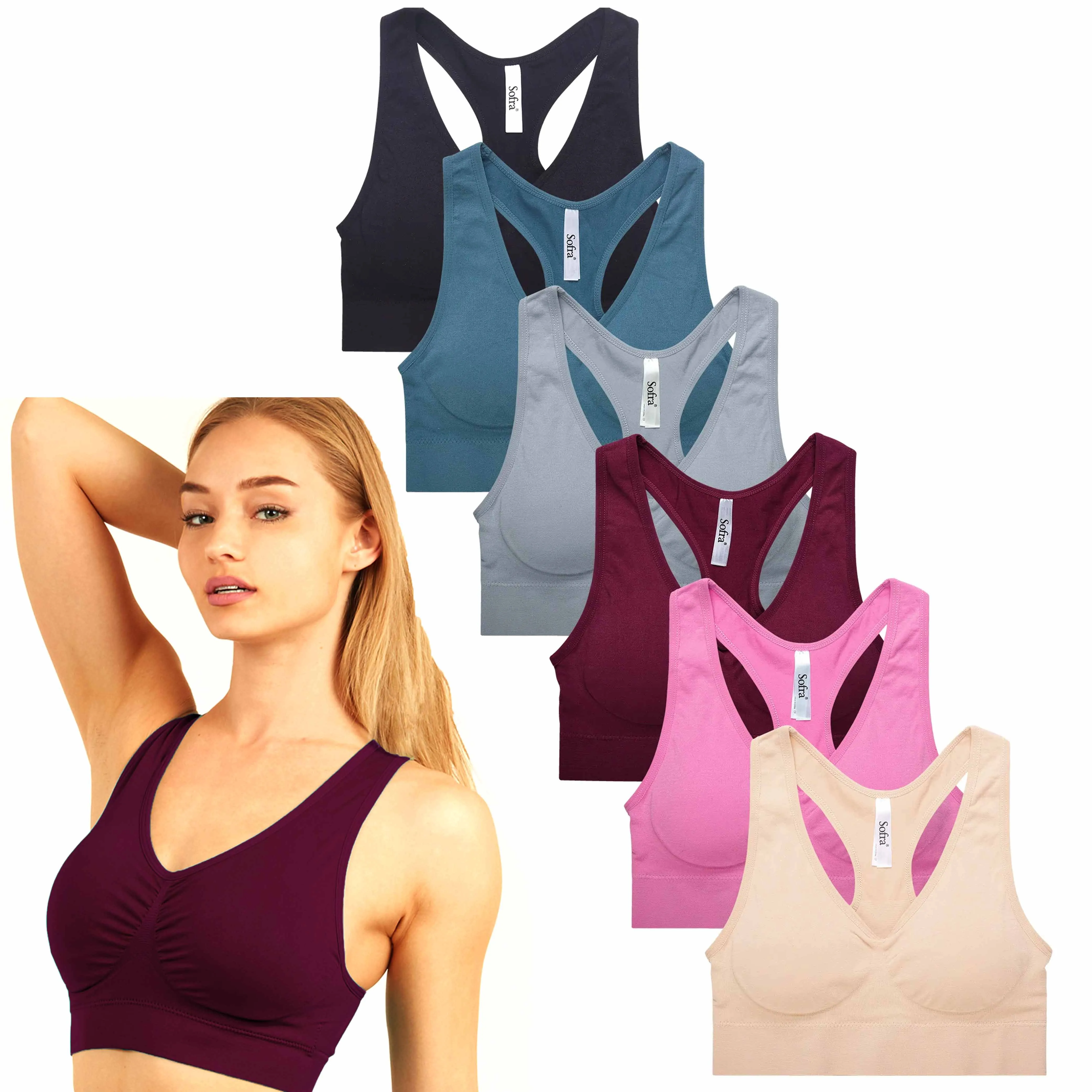 6 Pack Women's Seamless Sports Bra Sexy Padded Racerback Yoga Gym Crop Tank Top