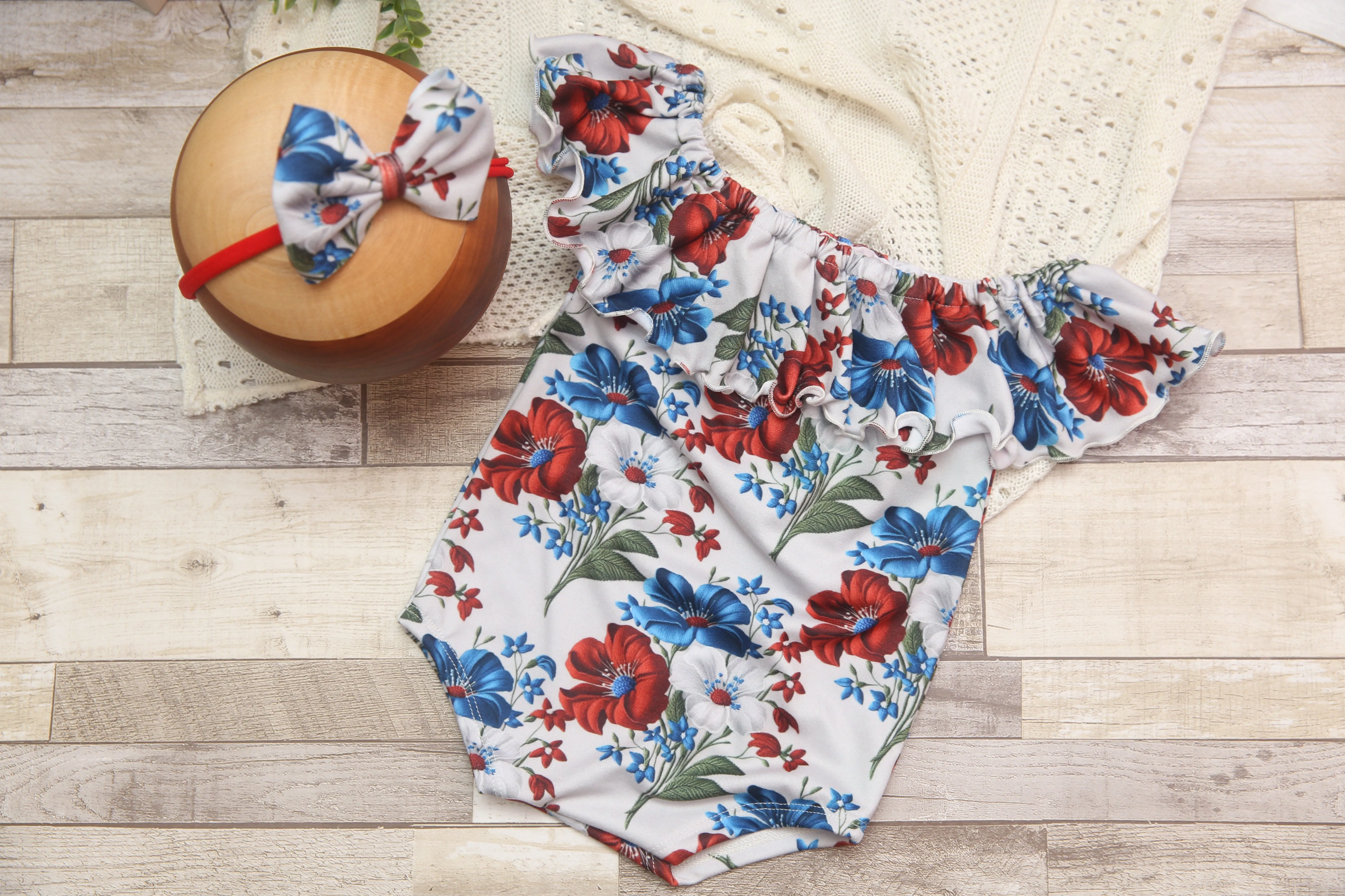 Anisa- Newborn or Sitter Flutter Romper; Newborn Romper; Sitter Romper; Patriotic 3D Floral; MADE TO ORDER