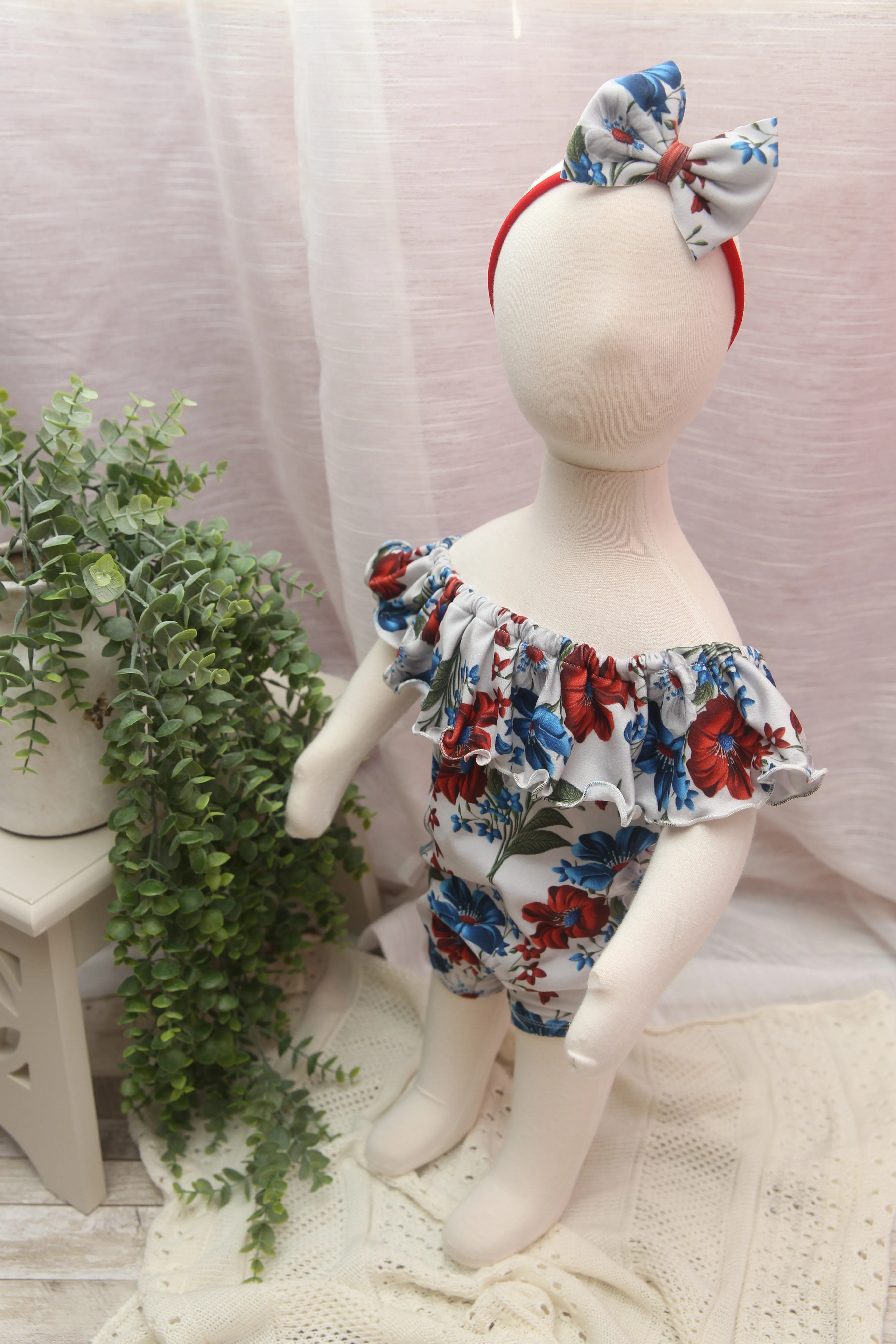 Anisa- Newborn or Sitter Flutter Romper; Newborn Romper; Sitter Romper; Patriotic 3D Floral; MADE TO ORDER