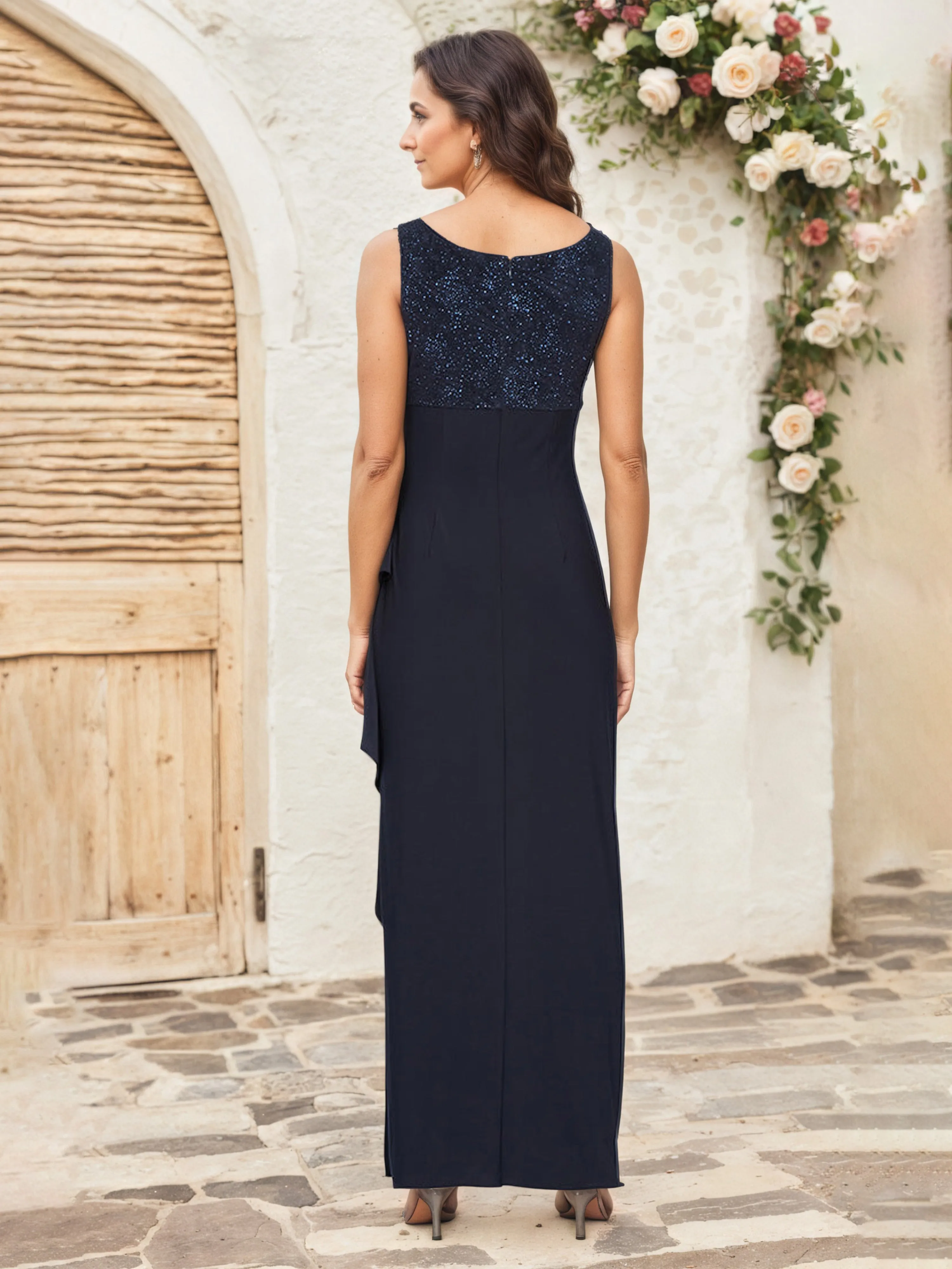Dark Navy Glitter Sleeveless Empire Waist Long Mother Of The Bride Dresses with Jacket