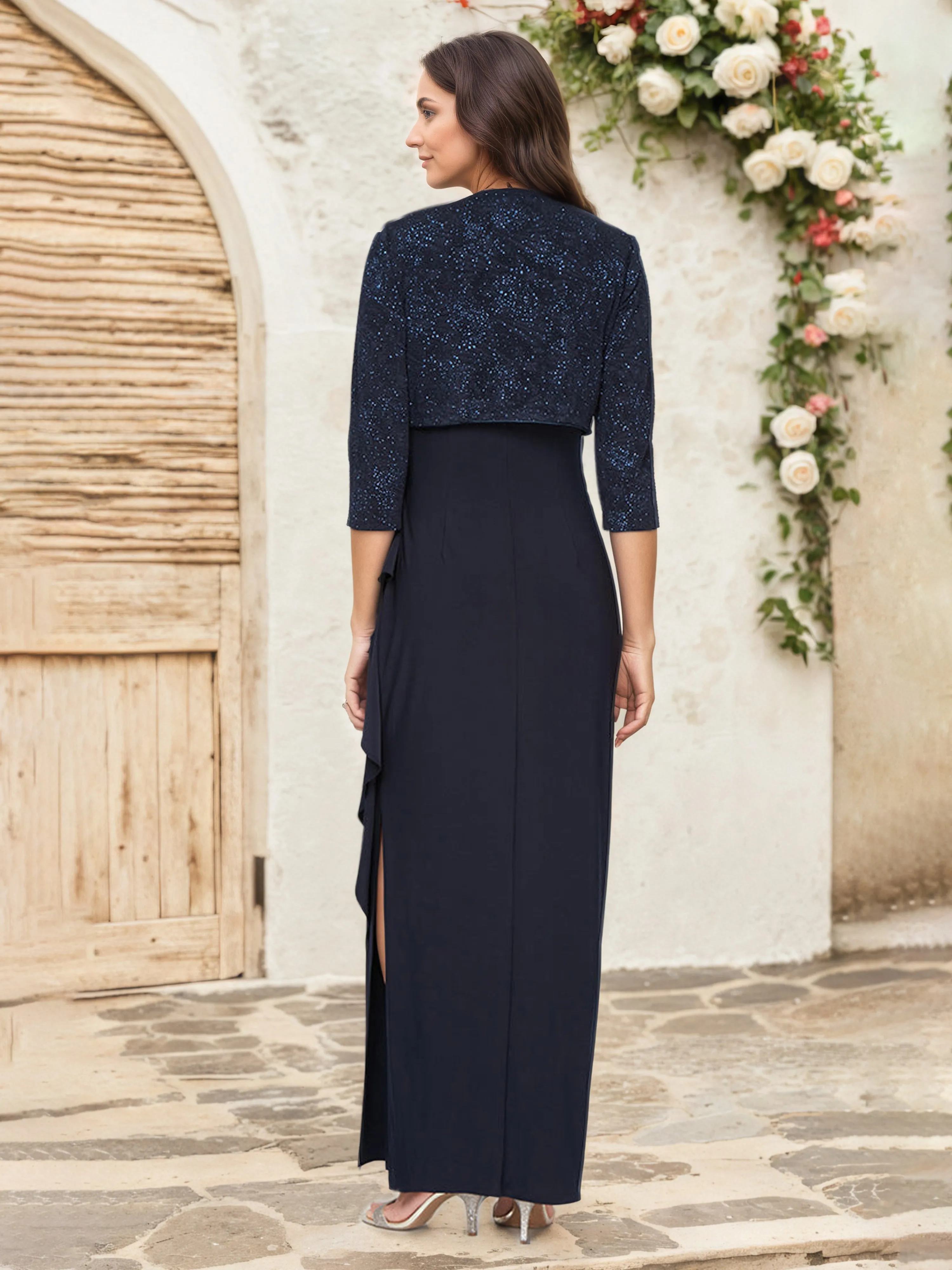 Dark Navy Glitter Sleeveless Empire Waist Long Mother Of The Bride Dresses with Jacket