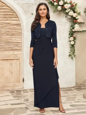 Dark Navy Glitter Sleeveless Empire Waist Long Mother Of The Bride Dresses with Jacket