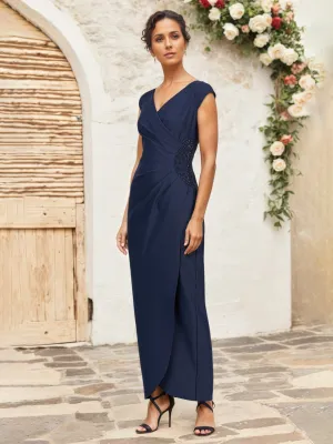 Dark Navy Mother Of The Bride Dress Cap Sleeves V-Neck Sheath Long Mother Of The Bride Dresses