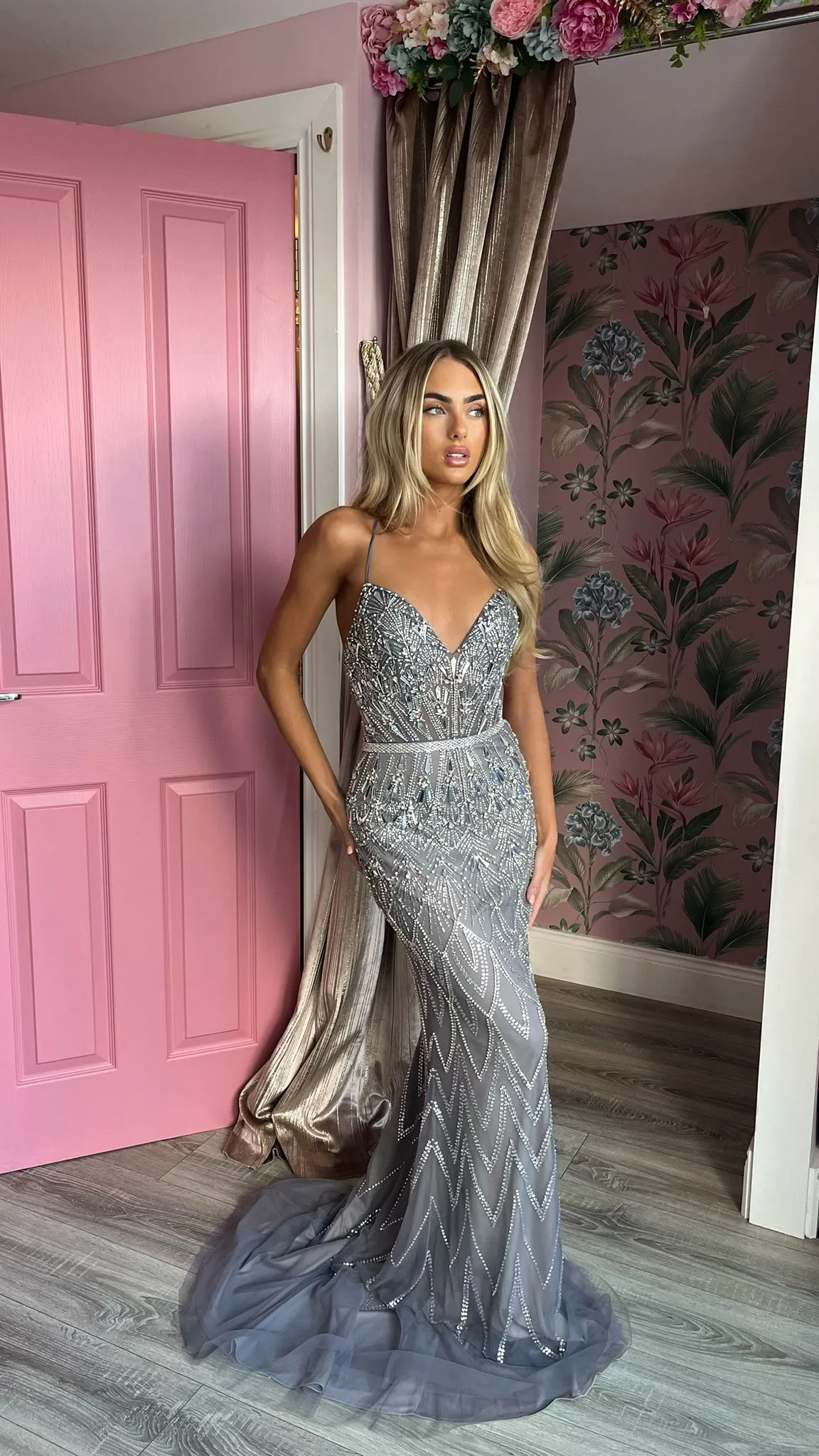 Donna Charcoal Diamonte One Shoulder Dress Formal Prom Dress