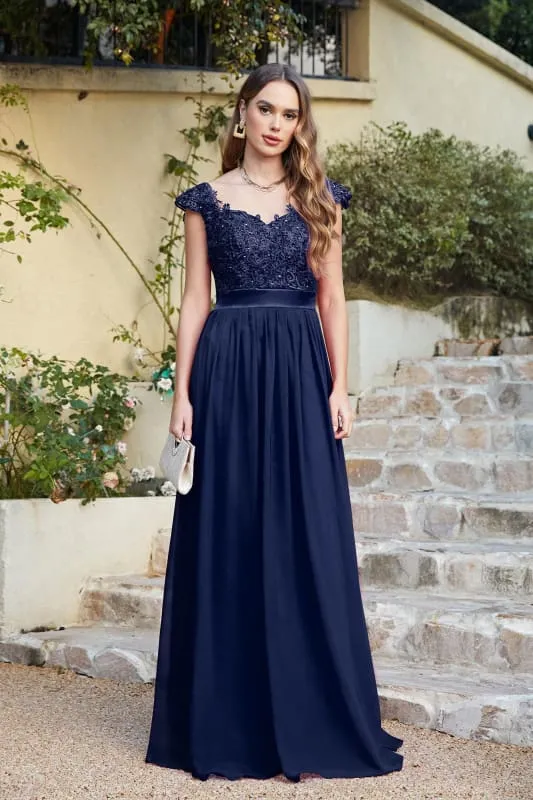 Elegant Cap Sleeves Lace Beadings Evening Dress Ruched Chiffon A-line Formal Dress