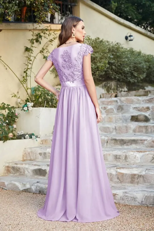 Elegant Cap Sleeves Lace Beadings Evening Dress Ruched Chiffon A-line Formal Dress
