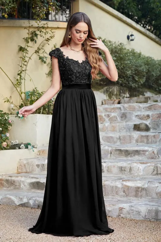 Elegant Cap Sleeves Lace Beadings Evening Dress Ruched Chiffon A-line Formal Dress