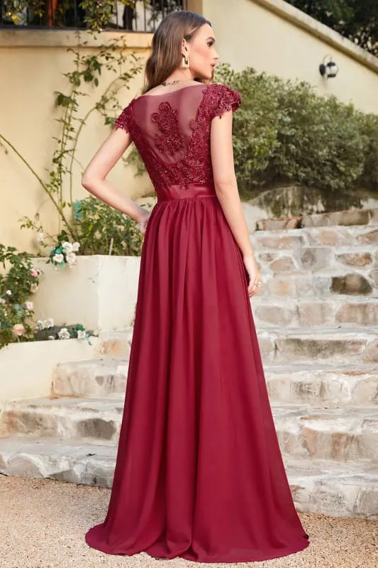 Elegant Cap Sleeves Lace Beadings Evening Dress Ruched Chiffon A-line Formal Dress