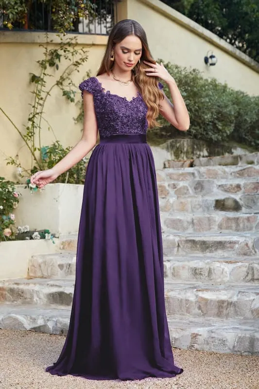 Elegant Cap Sleeves Lace Beadings Evening Dress Ruched Chiffon A-line Formal Dress