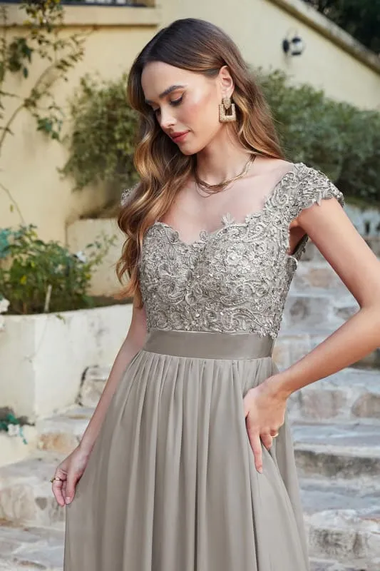 Elegant Cap Sleeves Lace Beadings Evening Dress Ruched Chiffon A-line Formal Dress