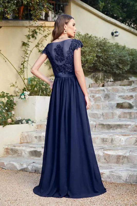 Elegant Cap Sleeves Lace Beadings Evening Dress Ruched Chiffon A-line Formal Dress