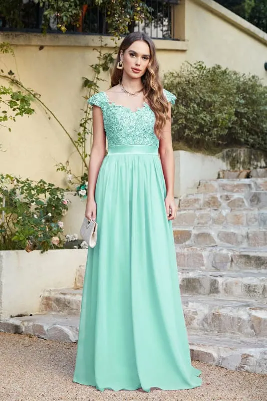 Elegant Cap Sleeves Lace Beadings Evening Dress Ruched Chiffon A-line Formal Dress