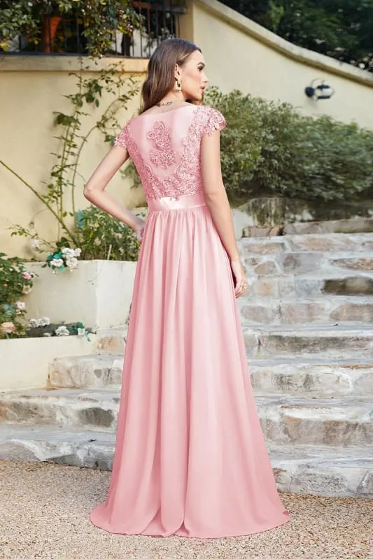 Elegant Cap Sleeves Lace Beadings Evening Dress Ruched Chiffon A-line Formal Dress