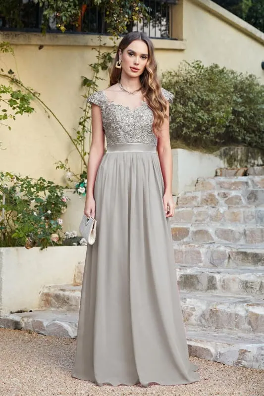 Elegant Cap Sleeves Lace Beadings Evening Dress Ruched Chiffon A-line Formal Dress