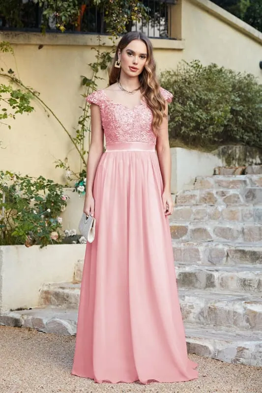 Elegant Cap Sleeves Lace Beadings Evening Dress Ruched Chiffon A-line Formal Dress