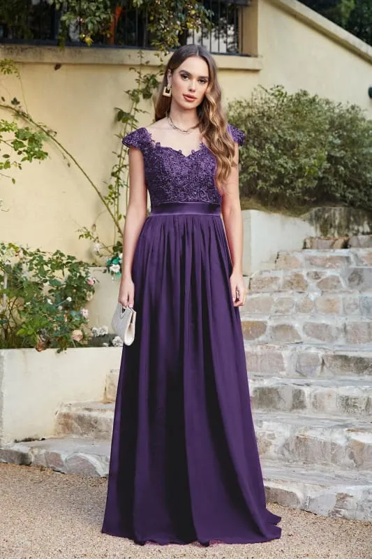 Elegant Cap Sleeves Lace Beadings Evening Dress Ruched Chiffon A-line Formal Dress