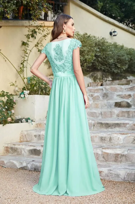 Elegant Cap Sleeves Lace Beadings Evening Dress Ruched Chiffon A-line Formal Dress