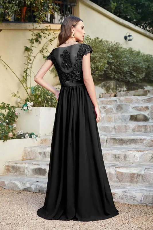 Elegant Cap Sleeves Lace Beadings Evening Dress Ruched Chiffon A-line Formal Dress