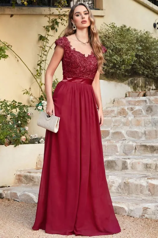 Elegant Cap Sleeves Lace Beadings Evening Dress Ruched Chiffon A-line Formal Dress