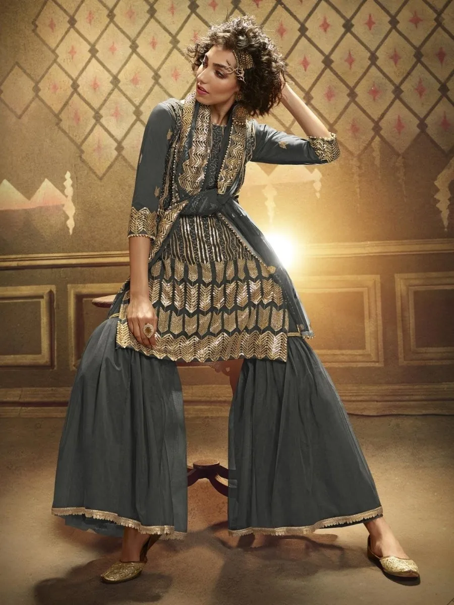 Grey Net Embroidered Partywear Sharara Suit
