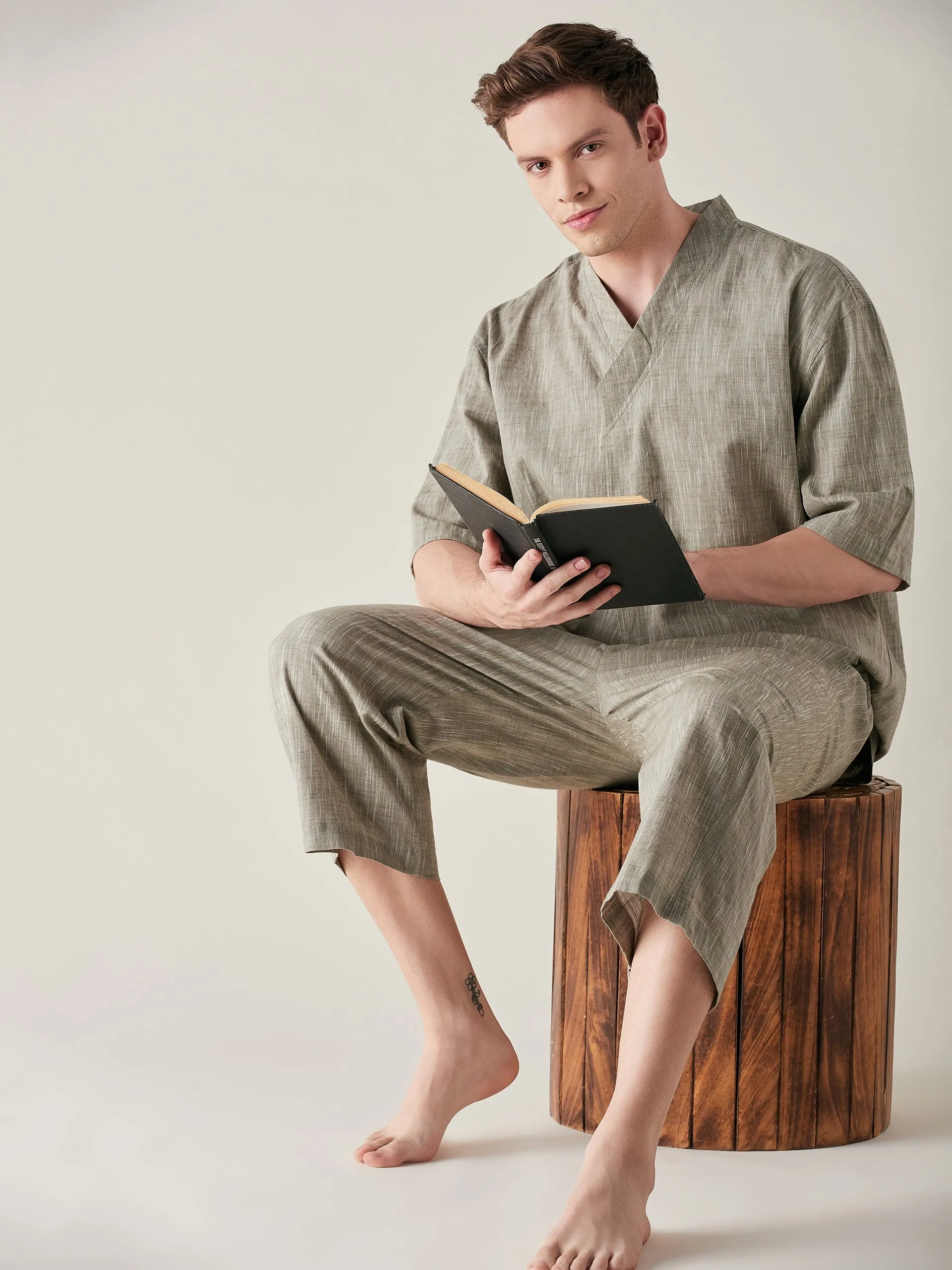 Mens Olive Slub Cotton Angrakha Top and Capri Set
