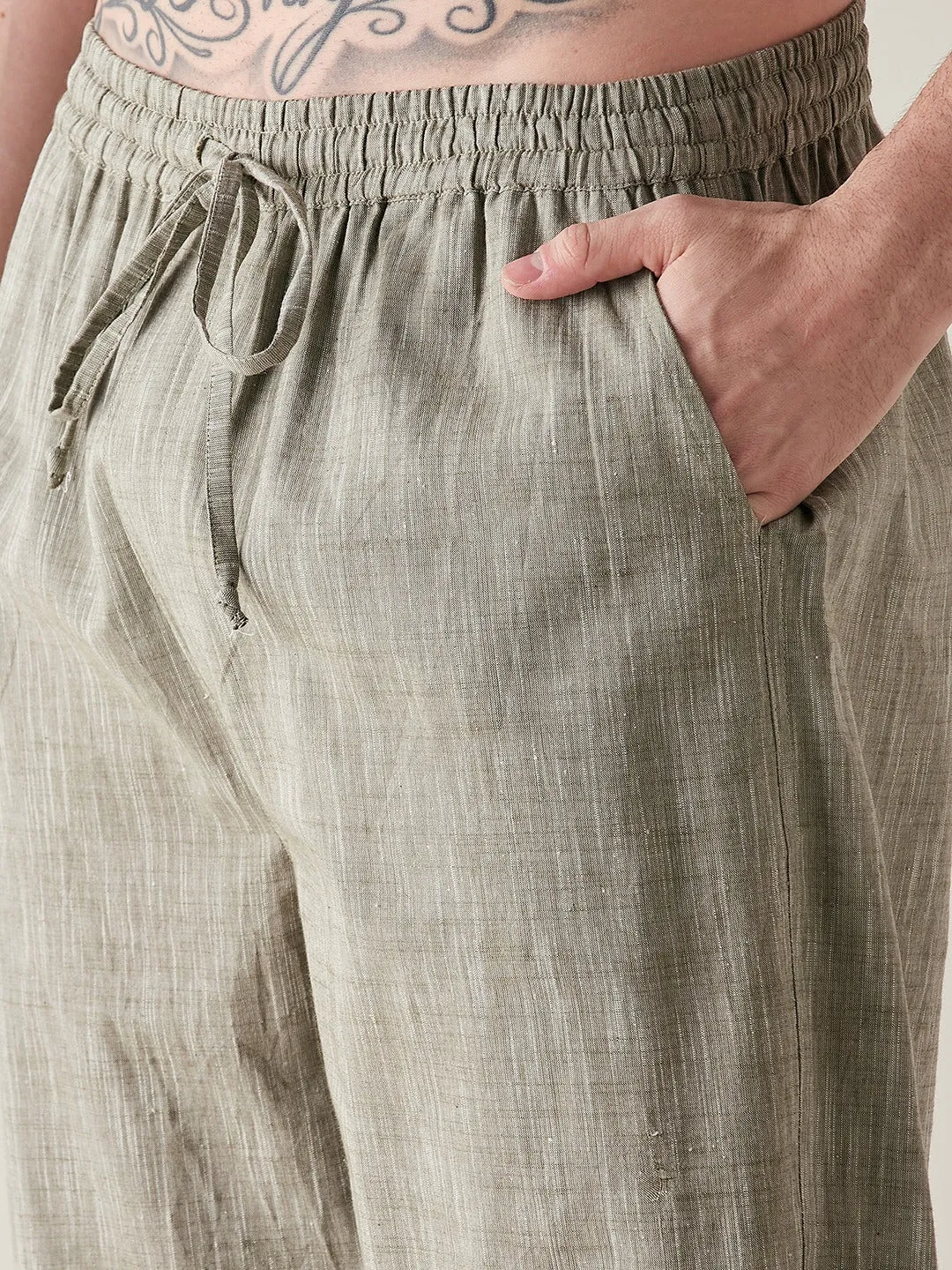 Mens Olive Slub Cotton Angrakha Top and Capri Set
