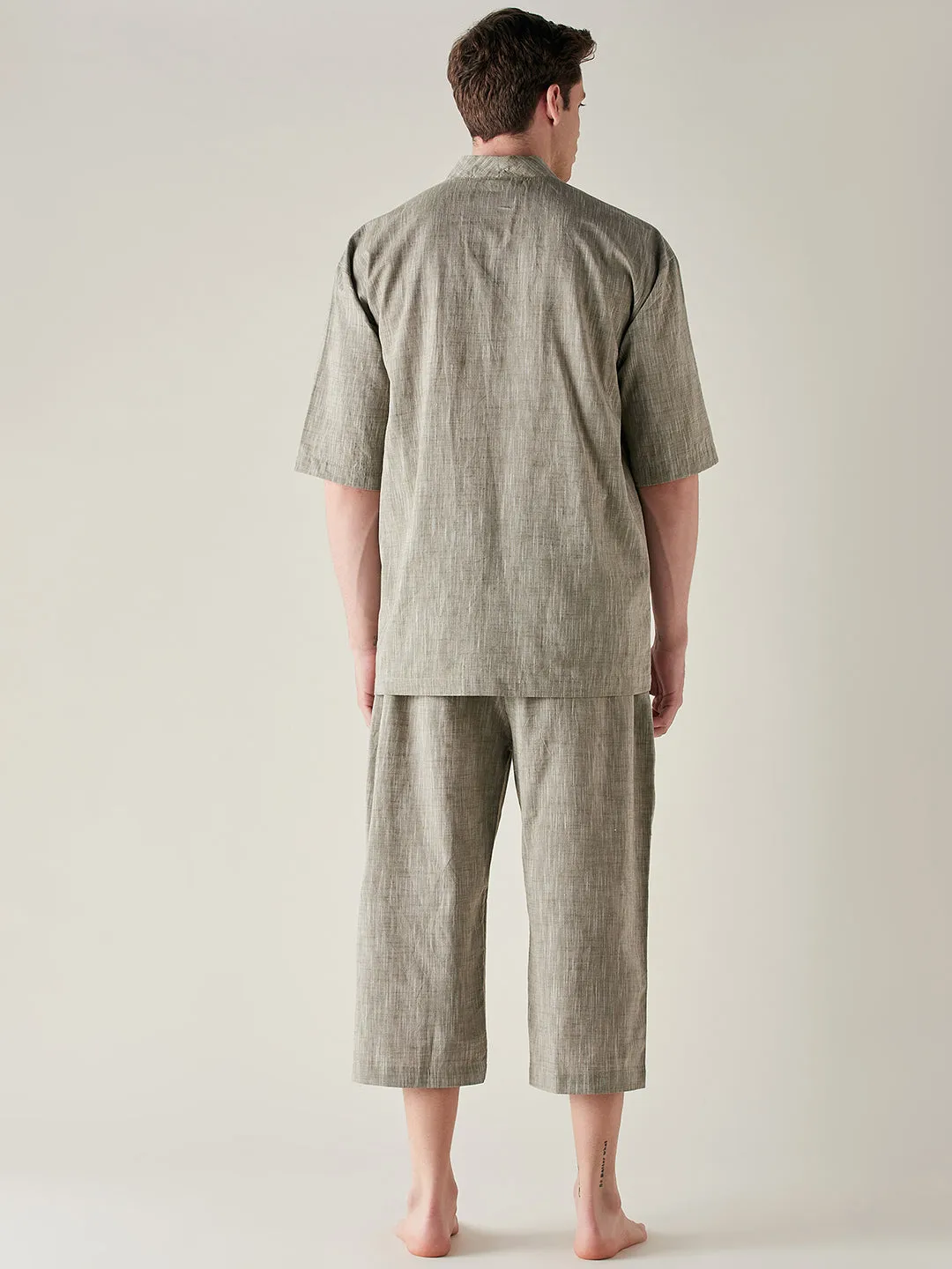 Mens Olive Slub Cotton Angrakha Top and Capri Set