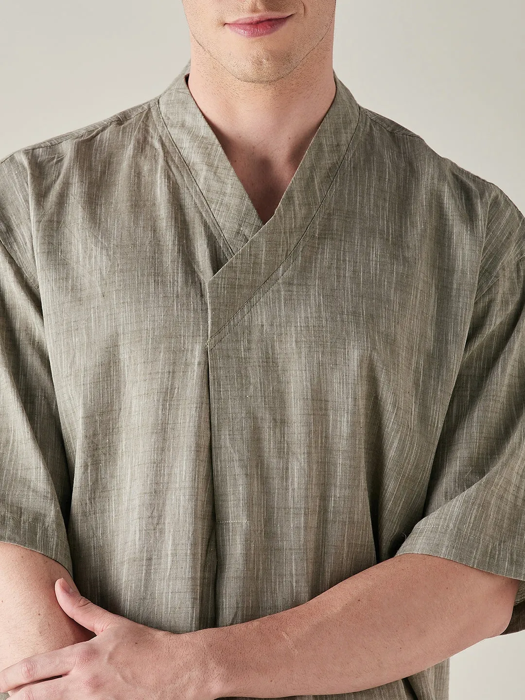 Mens Olive Slub Cotton Angrakha Top and Capri Set