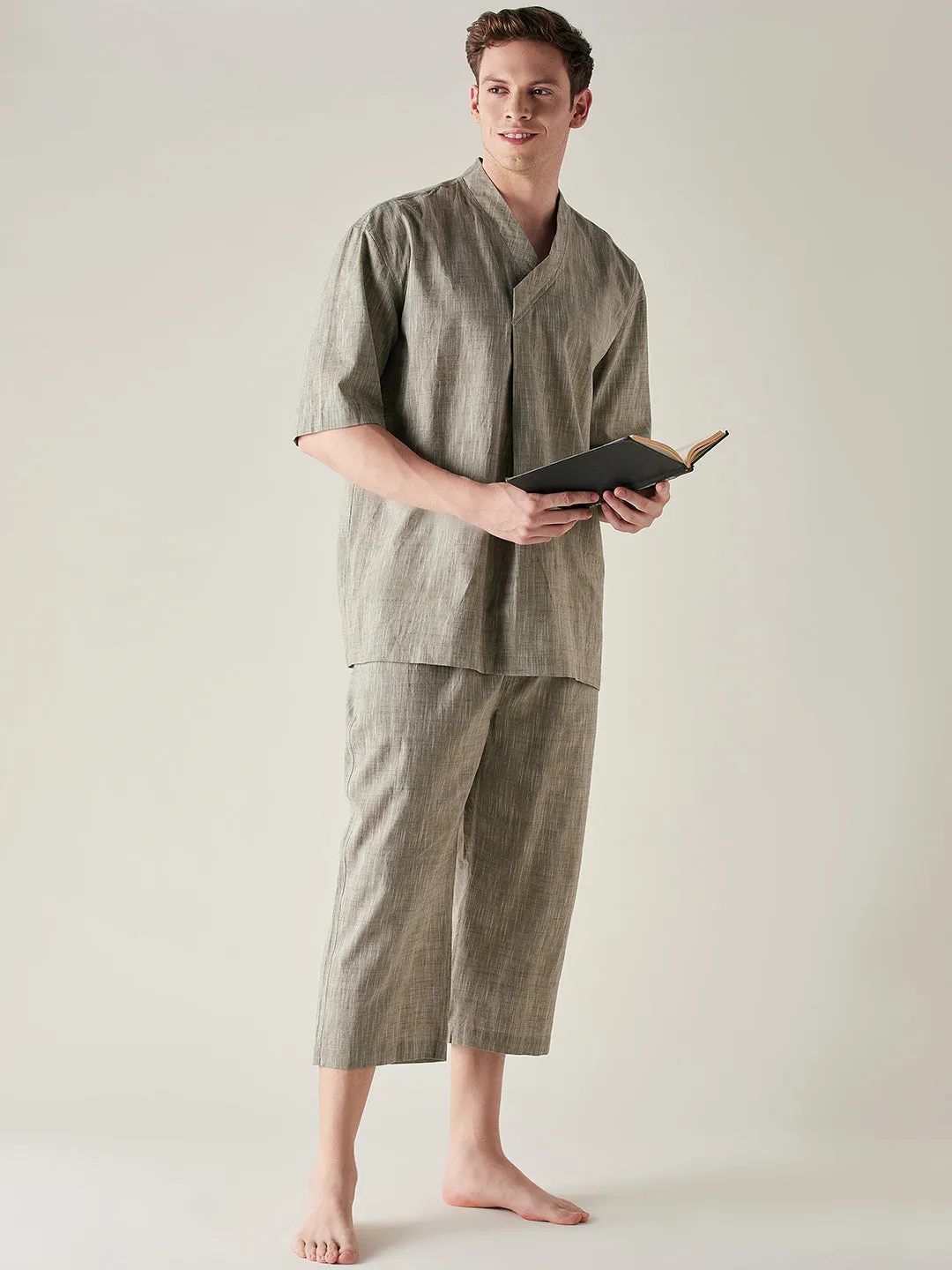 Mens Olive Slub Cotton Angrakha Top and Capri Set