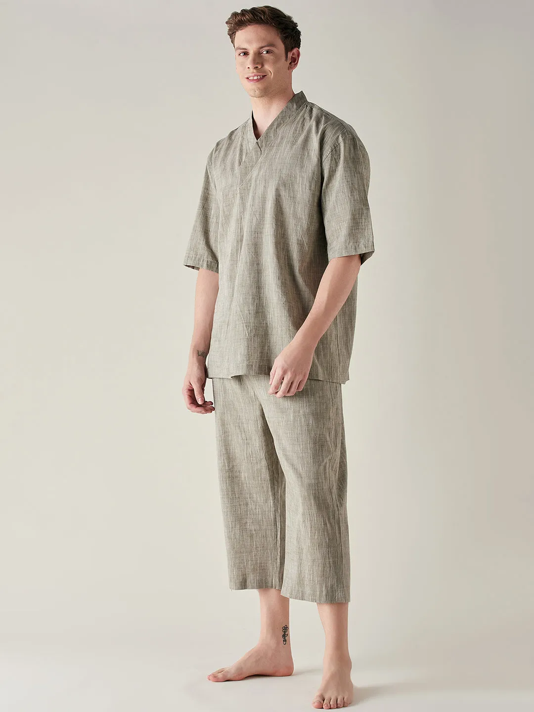 Mens Olive Slub Cotton Angrakha Top and Capri Set