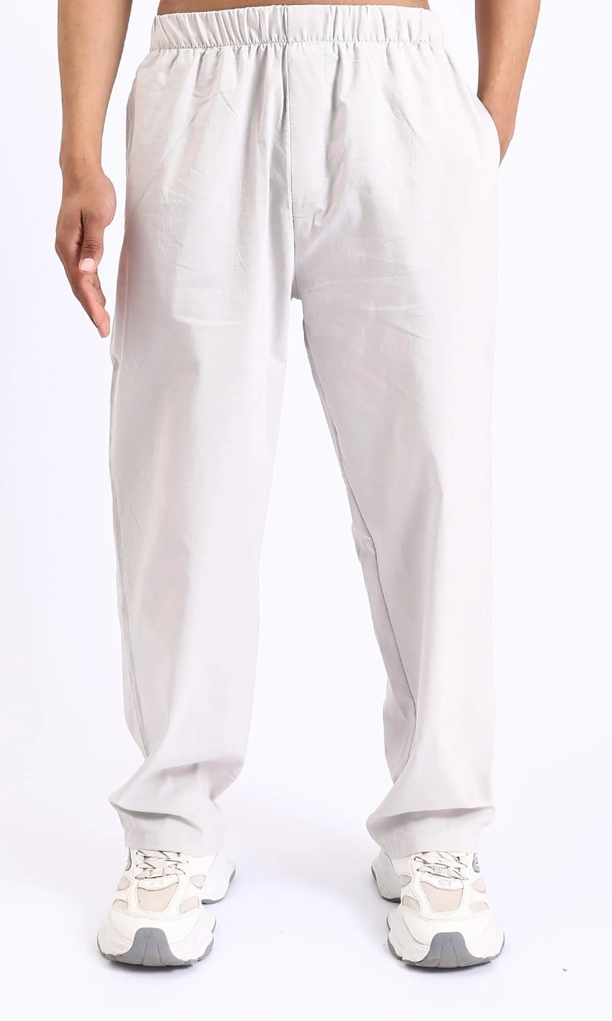 R208147-Elastic Waist Slip On Casual Pants - Light Grey