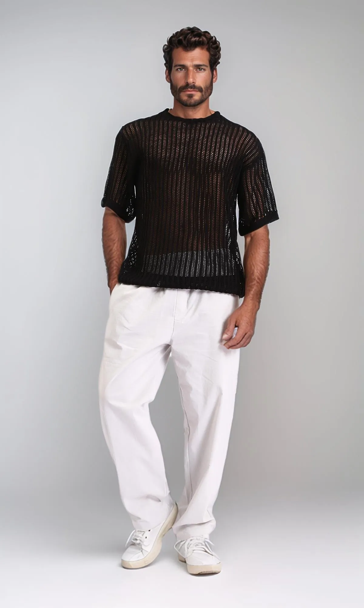 R208147-Elastic Waist Slip On Casual Pants - Light Grey