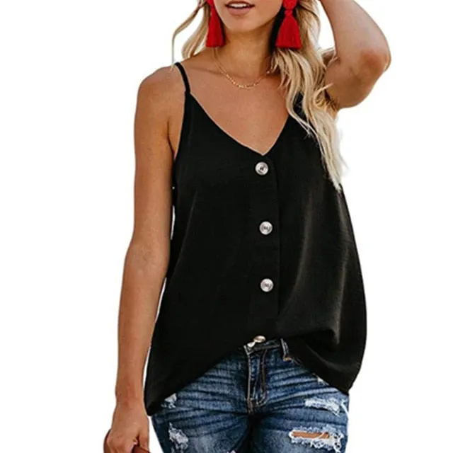 Womens Summer Sexy Casual V-Neck Sleeveless Button Camisole 2019 Tank Tops Sleeveless shirt blouse Plus size code S-3XL